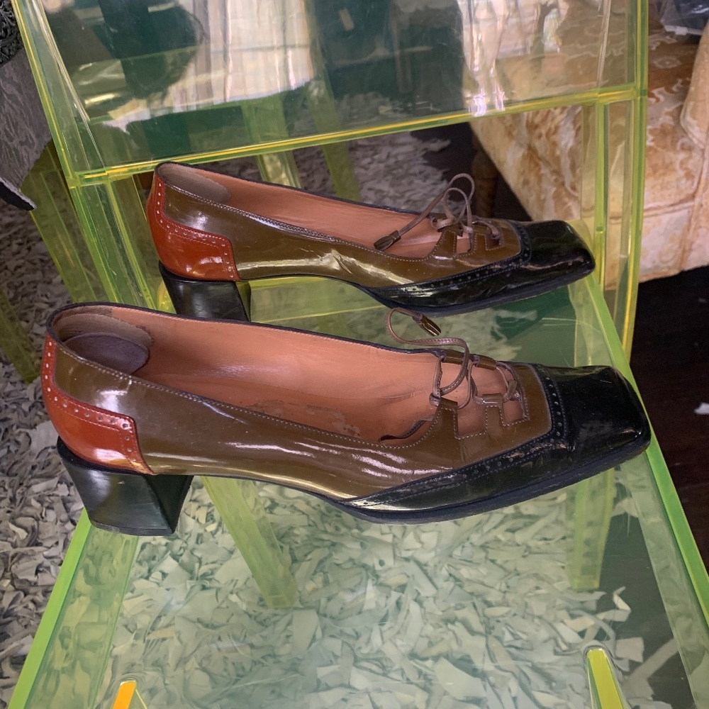 HERMES leather 2 inch block heeled shoes